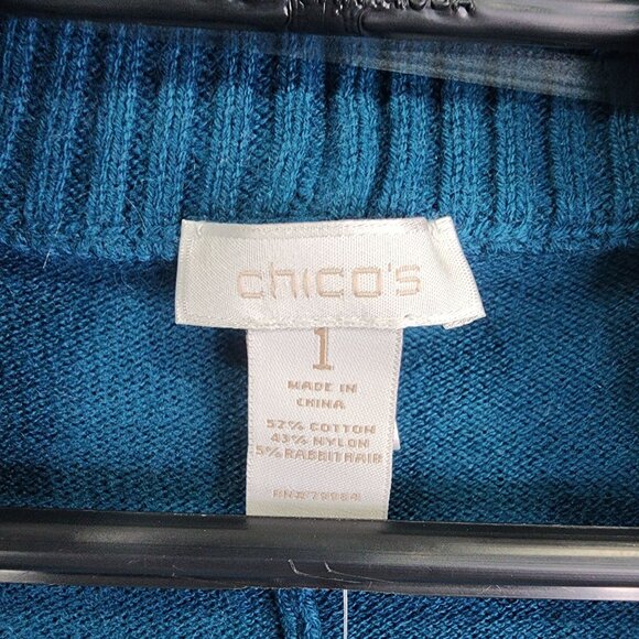 Womens Blue Chicos Open Front Cardigan Sweater Ribbed Trim Cotton Blend Size 1 - Picture 3 of 9